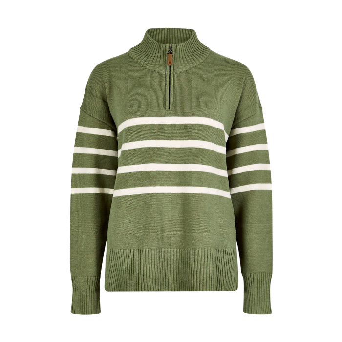 Green sweater with white stripes on a white background