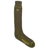 Green knne length sock with yellow accents on white background