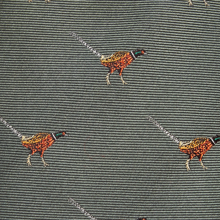 Embroidered pheasant pattern on a textured fabric background