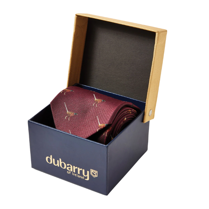 Merlot tie with bird pattern in a 'Dubarry of Ireland' box on a white background