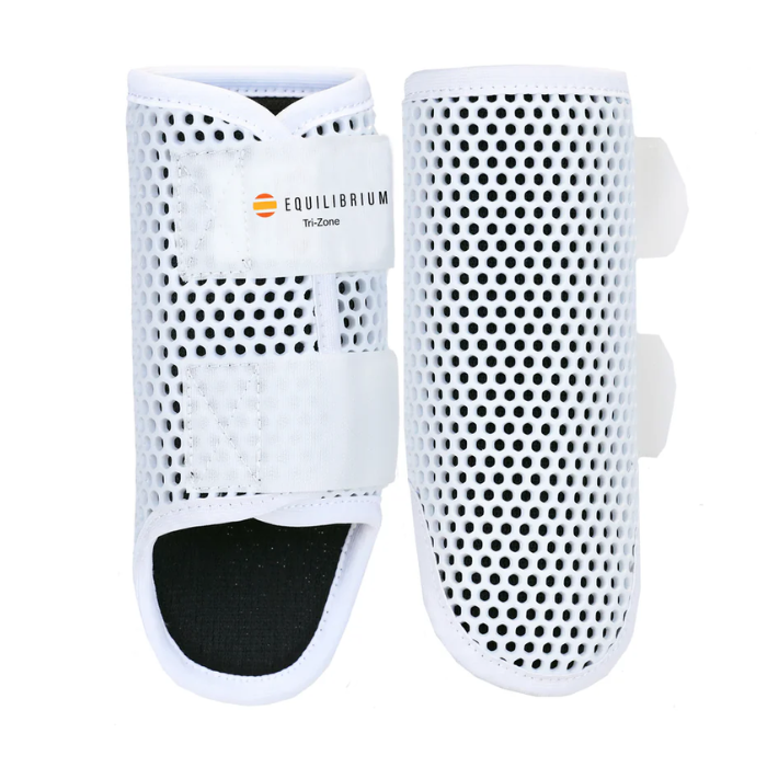 Pair of horse leg boots with perforated design on a white background, featuring the Equilibrium brand logo.