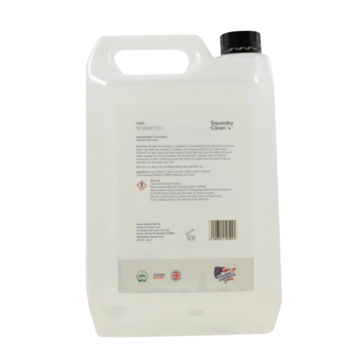 Large white container of shampoo with text and logos on a white background