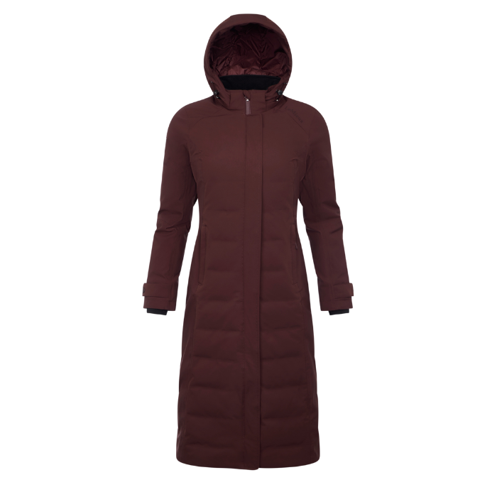 LeMieux AW26 Erin Waterproof Padded Coat Varient Bramble. A long, dark brown hooded puffer coat with horizontal quilting, shown on a plain white background.