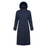 LeMieux AW26 Erin Waterproof Padded Coat Varient Navy. A long navy blue hooded puffer coat with horizontal quilting, shown on a plain white background.