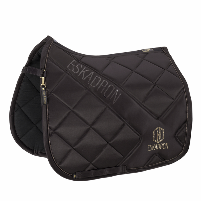 Black quilted saddle pad with 'Eskadron' branding on a white background