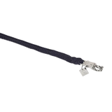Navy blue braided horse lead with silver clasp on a white background