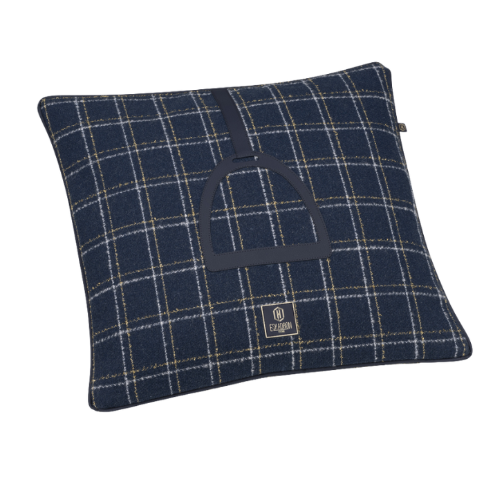 Navy checkered pillow with a logo on a white background