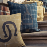 Two plaid pillows with equestrian designs on a stone step.