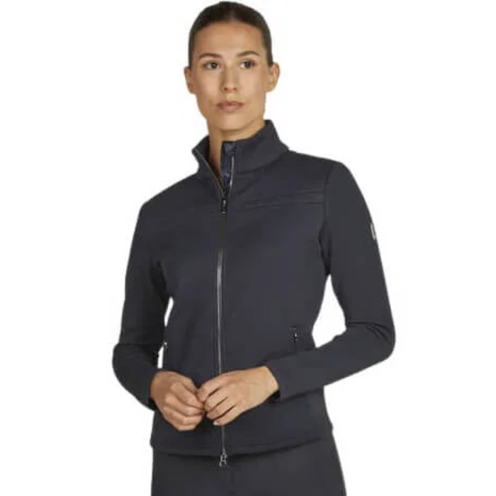 Woman wearing a navy jacket on a white background