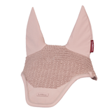 LeMieux AW26 Essence Fly Hood Variant Colour Wild Rose.
A dusty pink horse fly veil with pointed ear flaps and a textured mesh center, featuring the LeMieux brand name on a small red tag and a stitched label on the lower edge.