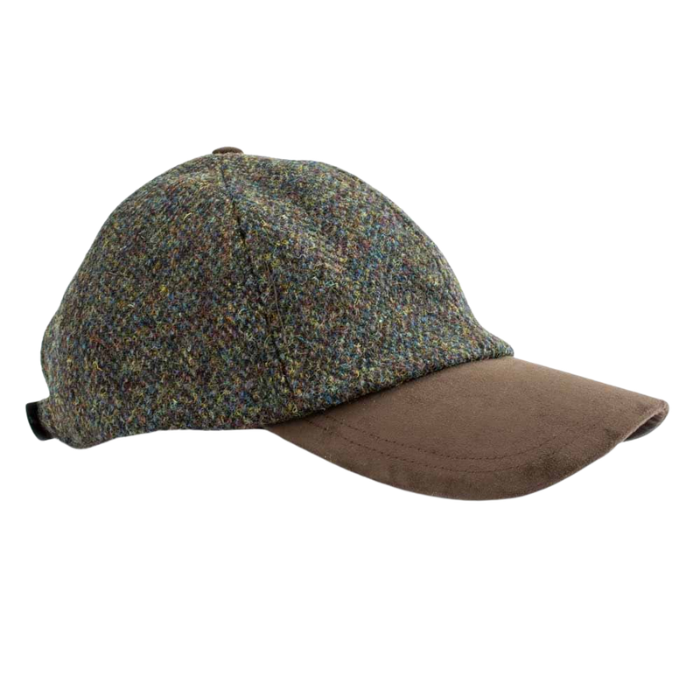 Tweed baseball cap with suede brown peak on white background