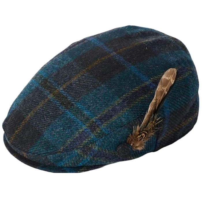 tweed cap with feather on white background