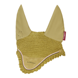 LeMieux AW26 Classic Fly Hood Variant Colour Gooseberry.
A LeMieux horse fly veil in a warm olive-gold color, featuring a crocheted front panel, lace trim, and two upright ear flaps, shown on a plain white background.