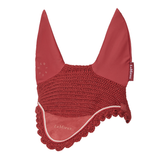 LeMieux AW26 Classic Fly Hood Variant Colour Russet.
A russet red equestrian ear cover with a textured knit center band, scalloped trim, and embroidered LeMieux branding, shown on a plain white background.
