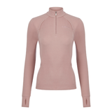 LeMieux AW26 Frances Quarter Zip Fleece Varient Wild Rose. A women's long-sleeve quarter-zip athletic top in a dusty rose pink color, featuring a mock neck collar, zippered arm cuffs, and a subtle embroidered logo on the left chest, shown against a plain white background.