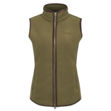 LeMieux AW26 Frankie Fleece Gilet Variant Colour Willow Green. 
An willow green fleece vest with dark brown trim, a full-length front zipper, and a small embroidered LeMieux logo on the left chest, shown against a plain white background.