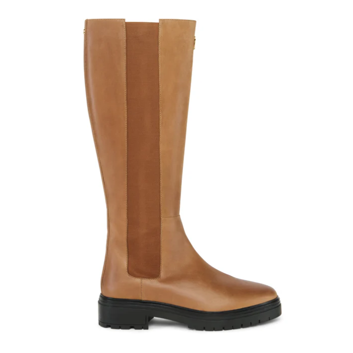 Tan knee-high boot on a white background