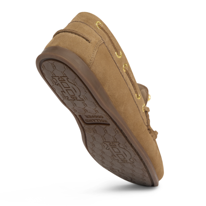 Brown suede shoe with gold accents on a white background