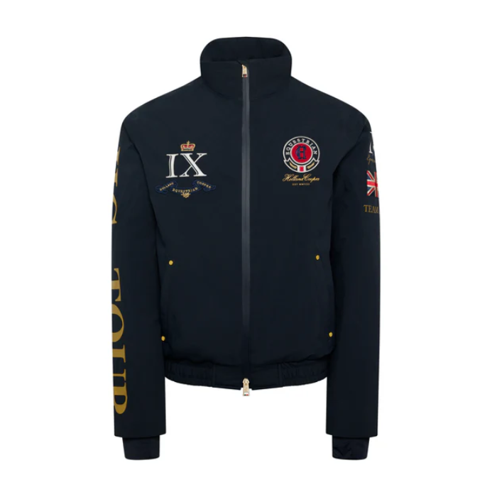 Navy blue jacket with logos and text on a white background