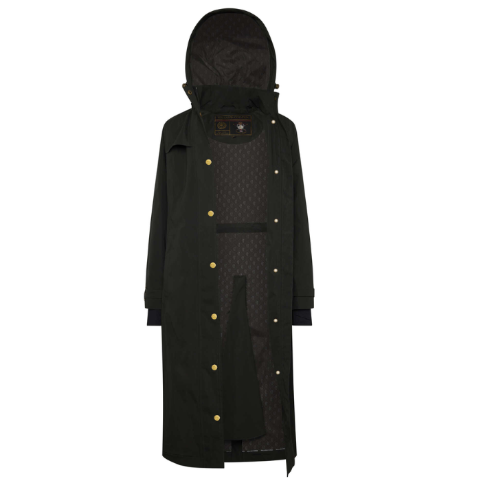 Dark green coat with gold buttons on a white background