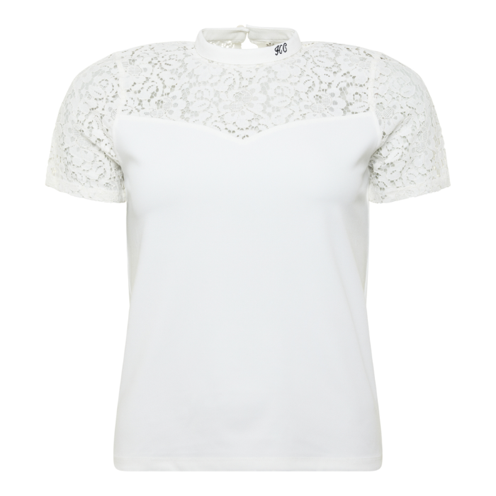 White top with lace collar and HC embroidery on a white background