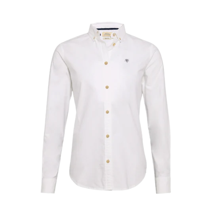 White shirt with gold buttons on a white background