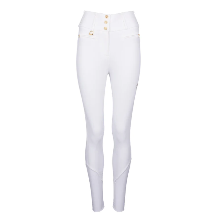 White riding breeches with gold buttons on a white background