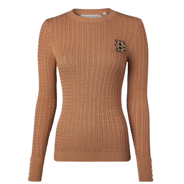 Brown cable knit sweater with a small logo on a white background