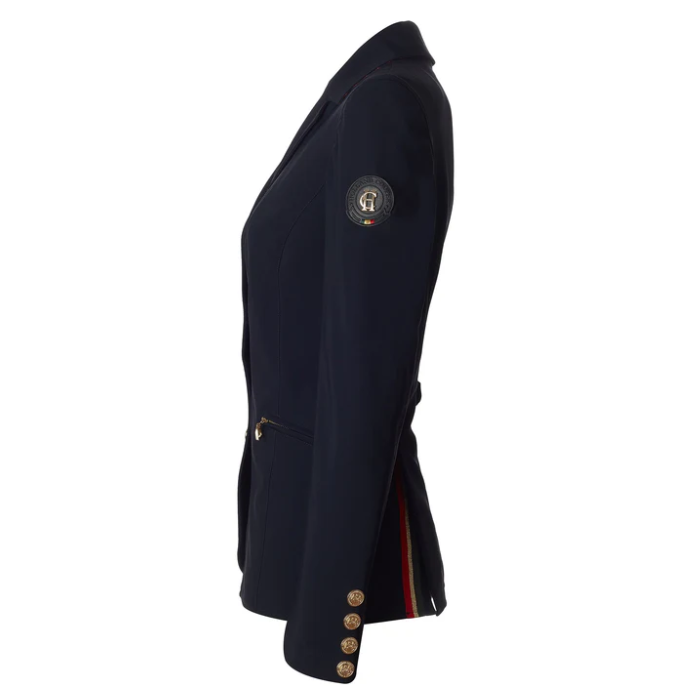 Navy equestrian competition jacket on a white background
