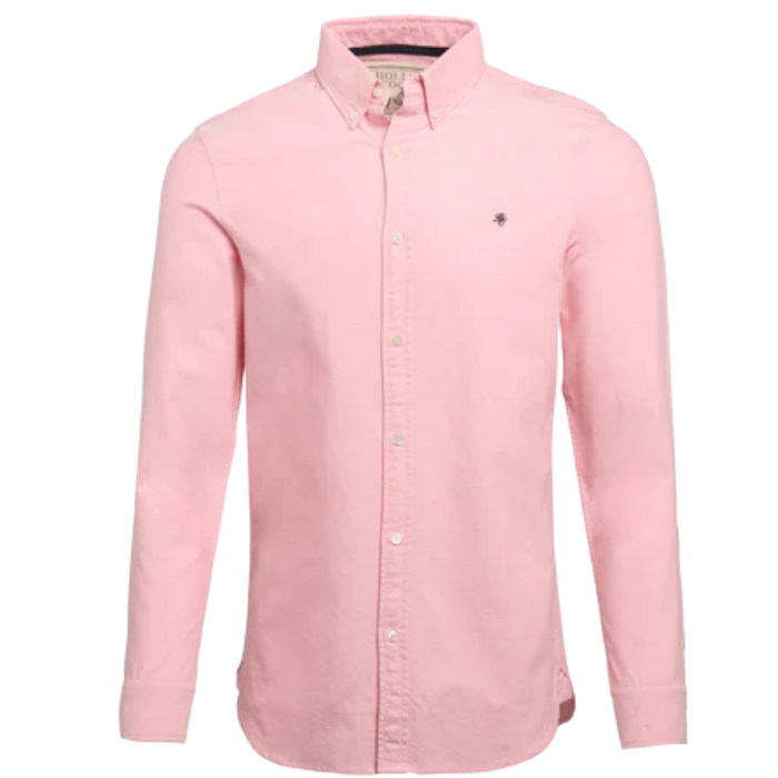 Soft pink men's shirt with HC embroidered logo on a white background