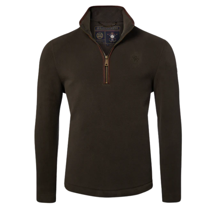Khaki long-sleeve sweater with a zipper on a white background. Holland Cooper Men's Country Fleece Quarter Zip Kahki 