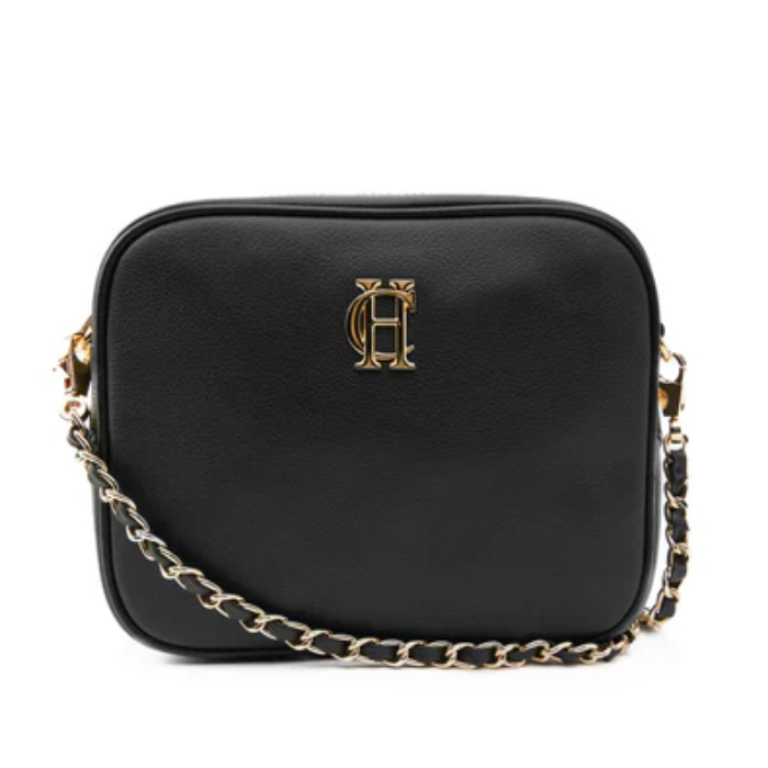 Black handbag with gold chain and logo on a white background