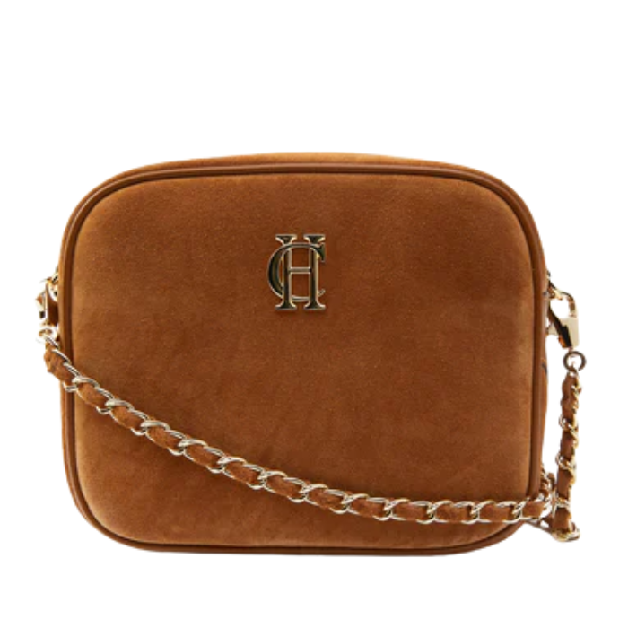 Brown handbag with a chain strap on a white background