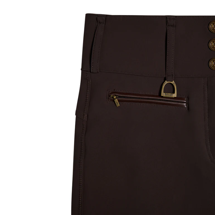 Close-up of dark brown leggings with a zipper and button detail on a white background
