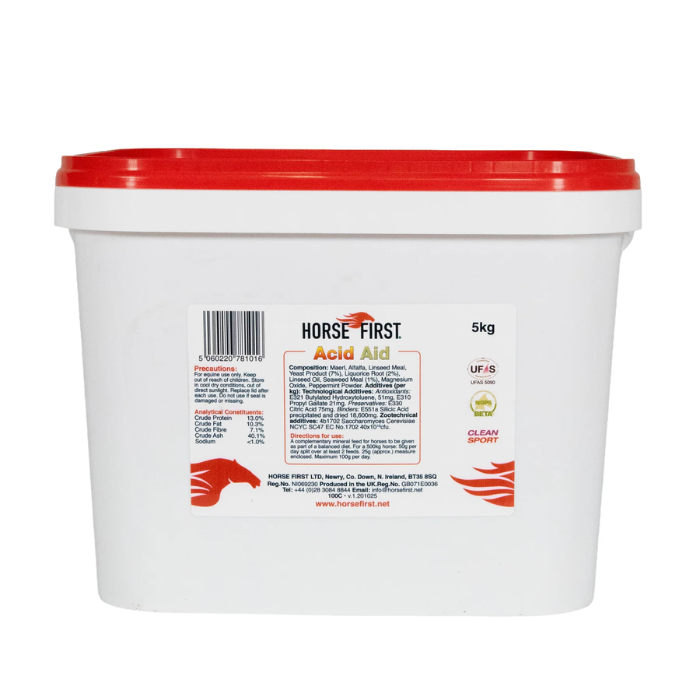 White tub of horse supplements with red lid on white background