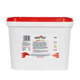 White tub of horse supplements with red lid on white background