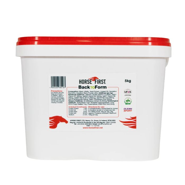 White tub of horse supplement with red lid on white background