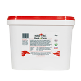 White tub of horse supplement with red lid on white background