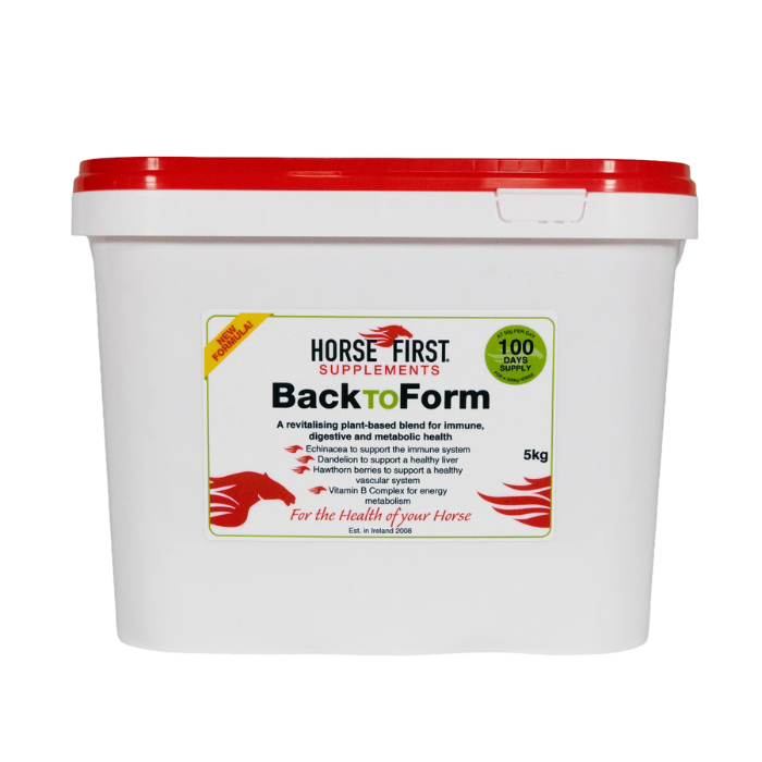 White tub of horse supplement with red lid on white background