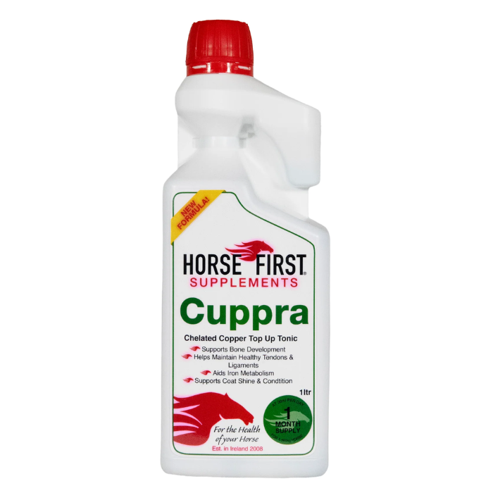 Horse First Supplements Cuppra bottle on a white background