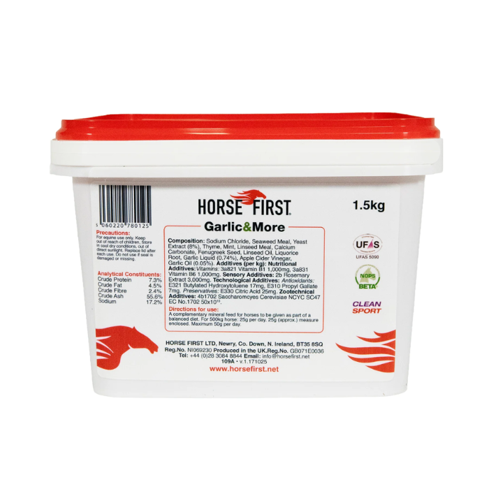 White tub of horse supplements with red lid on white background