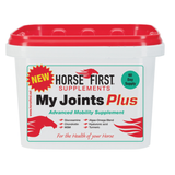 White tub of horse supplements with red lid on white background
