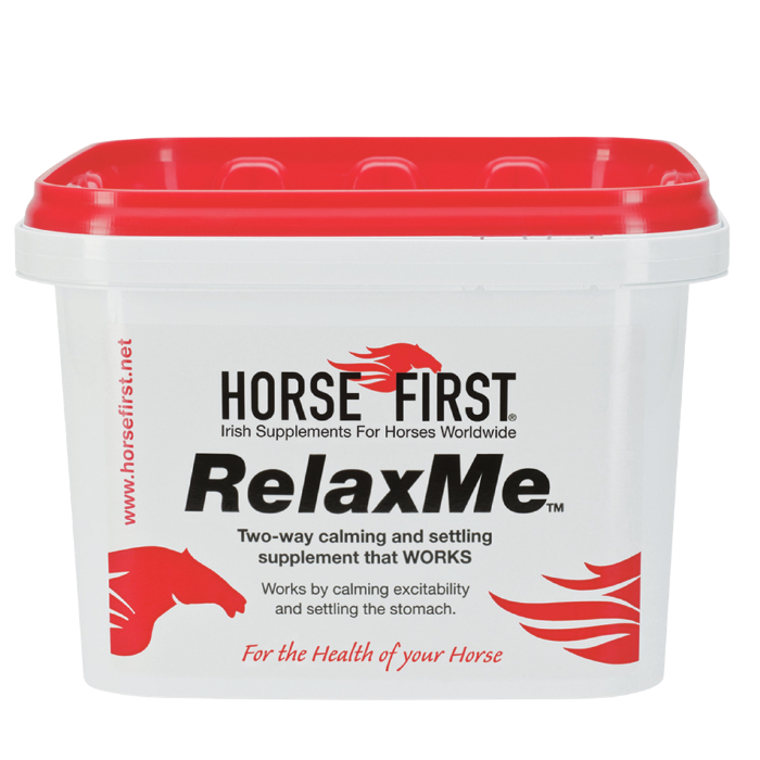 Whit tub of RelaxMe calming supplement from Horse First with a red lid