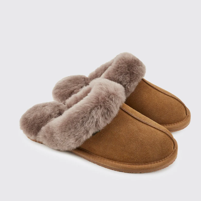 Pair of brown slippers with fur trim on a white background
