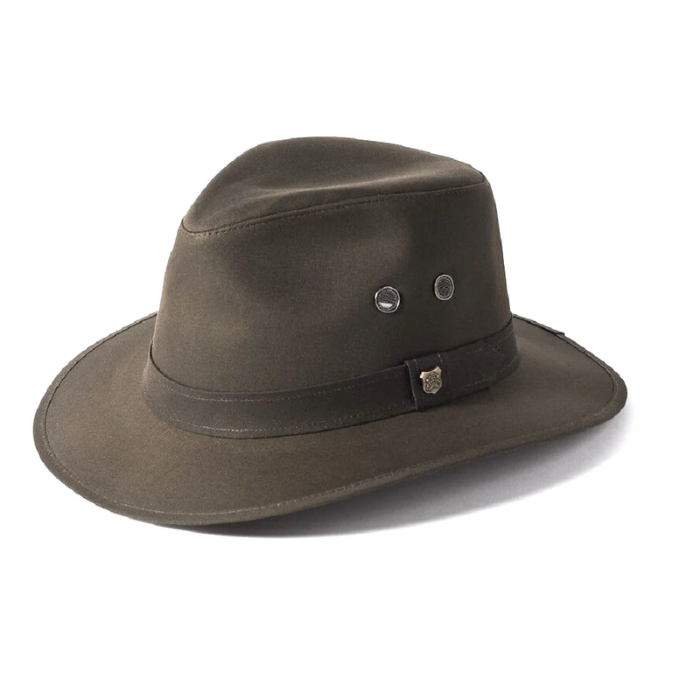 Olive green waxed cotton fedora hat on a white background