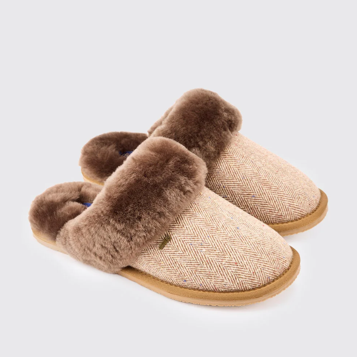 Pair of slippers with brown fur trim on a light grey background
