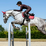 Horse and rider jumping over an obstacle in an outdoor equestrian setting