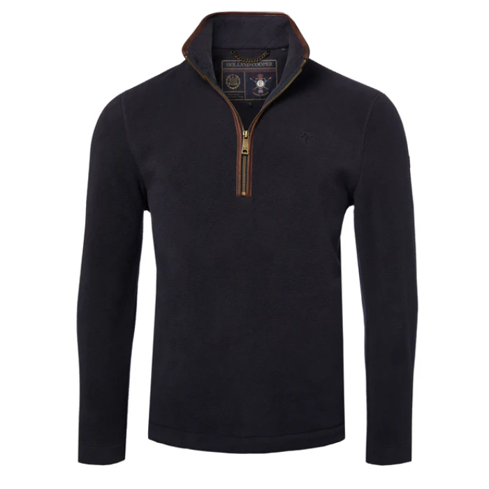 Blue mens quarter zip fleece on a white background
