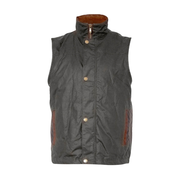 Dark green wax gilet with brown accents on a white background