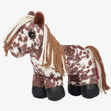 Plush toy horse with brown and white pattern on a white background